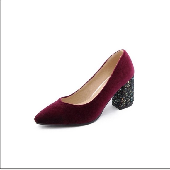 Velvet Sparkle Chunky Heel Holiday Pumps 3 Colors - Picture 6 of 8